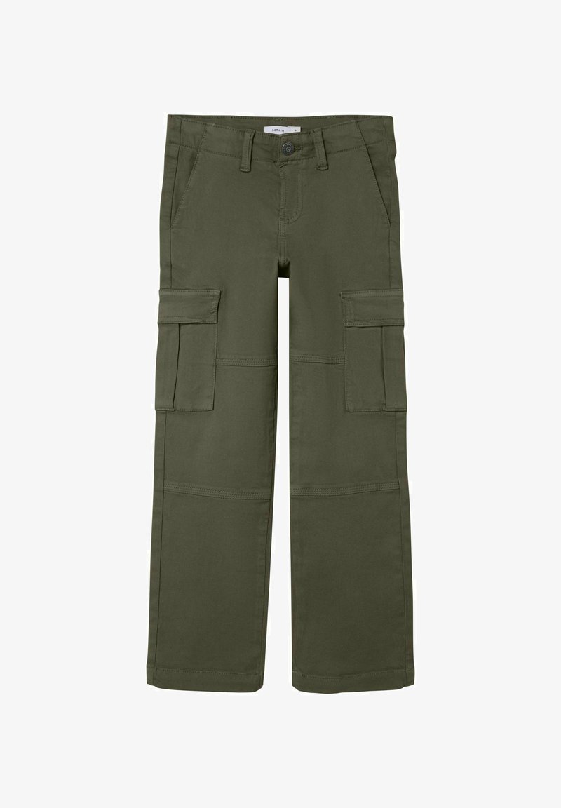 Cargo hlače v olivno zeleni barvi iz bombaža, z več stranskimi žepi, ravnim krojem in ojačanimi šivi.