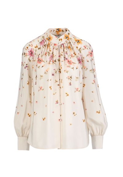 Cream long-sleeve blouse with a floral print in pink, orange, and brown, featuring a high gathered neckline and button-down front.