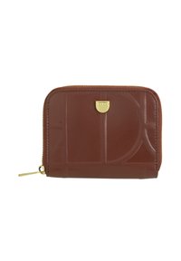 Brown leather wallet with embossed design, gold hardware, zip closure, and textured finish. Compact rectangular shape.