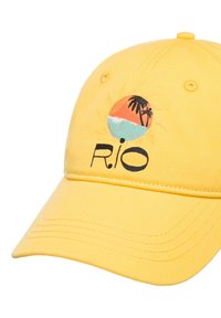 Yellow cotton baseball cap with an embroidered sunset and palm tree design, featuring the text "R.i.O" in black at the front.