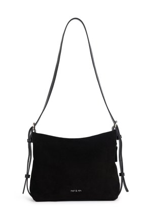 Sac à bandoulière en daim noir avec des bretelles fines réglables et petit logo blanc "nat & nin" en bas au centre.