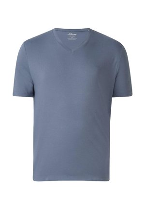 Short-sleeved, V-neck t-shirt in light blue, made of soft cotton. Features a small, embroidered logo on the chest and a classic fit.