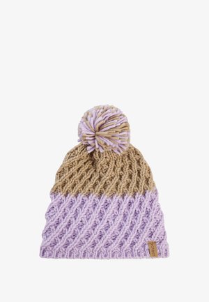Knit beanie with a tan top and a lavender bottom. Features a textured pattern and a lavender pom-pom on top. Tag visible on the side.