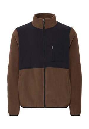 Fleece jacket with a dark navy top section and brown bottom, features a zip front, zippered chest pocket, and black trim around cuffs.