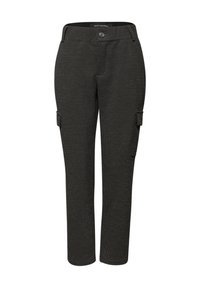 Donkergrijze cargobroek van gestructureerde stof, met zijzakken, een knoopsluiting en een rechte pijp.