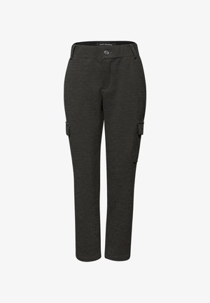 Donkergrijze cargobroek van gestructureerde stof, met zijzakken, een knoopsluiting en een rechte pijp.