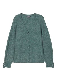 Grön stickad cardigan med v-ringning, har knappstängning fram och tre knappar vid varje ärm, texturerad tyg.