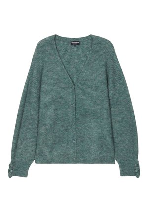 Cárdigan verde de punto con diseño de cuello en V, que presenta un cierre frontal de botones y tres botones en cada puño, tela texturizada.