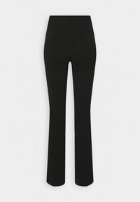 Pantalon noir évasé à taille haute avec une texture lisse, présenté sur un fond clair uni.
