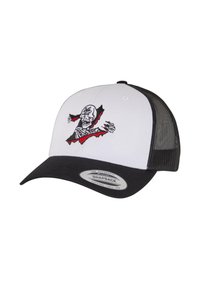 Hvid og sort snapback cap med mesh ryg, der har et rødt og sort broderet design af en skeletfigur, der bryder igennem.