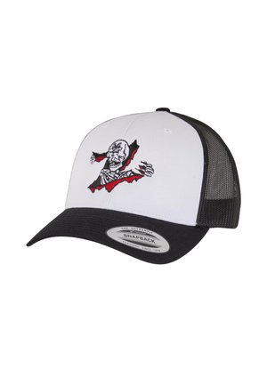 Hvid og sort snapback cap med mesh ryg, der har et rødt og sort broderet design af en skeletfigur, der bryder igennem.