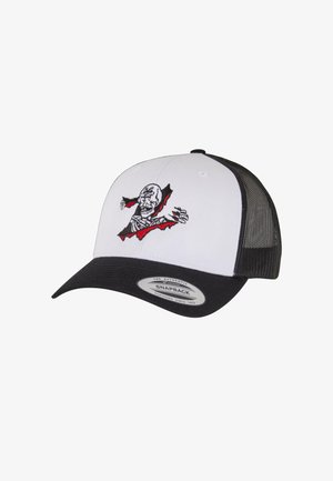 White and black snapback cap with mesh back, featuring a red and black embroidered design of a skeletal figure breaking through.