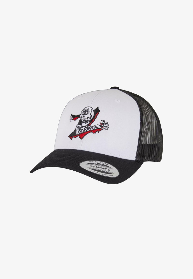 Cappellino snapback bianco e nero con retro in rete, caratterizzato da un design ricamato rosso e nero di una figura scheletrica che sta per rompere.