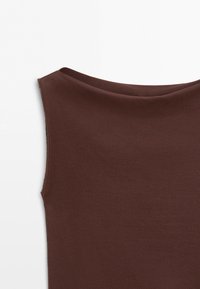 Sleeveless brown top with a boat neckline made from a smooth, stretch fabric shown on a white background.