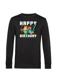 Felpa nera a maniche lunghe con una grafica di due personaggi squadrati, uno con un arco e l'altro con una spada, sovrapposta al testo "BUON COMPLEANNO".