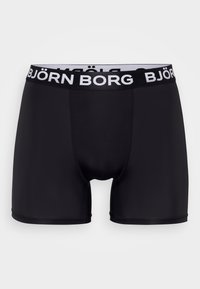 Schwarze Boxershorts aus glattem, dehnbarem Material. Mit einem kontrastierenden weißen, mit Logo versehenen elastischen Bund. Keine weiteren Muster oder Details.