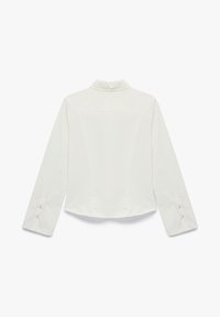 White long-sleeve shirt with a collar, featuring a smooth texture, curved hem, and buttoned cuffs. Back view shows plain design and seams.