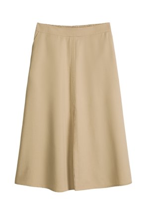 Gonna midi beige a linea A con spacco frontale, vita elasticizzata e tasche laterali, pensata per un uso casual o da ufficio.