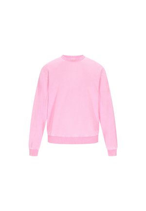 Roza majica z dolgimi rokavi, izdelana iz mehkega materiala, s krožnim izrezom in rebrastimi manšeti ter robom za sproščen fit.