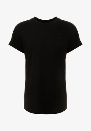 Schwarzes kurzärmeliges T-Shirt mit Rundhalsausschnitt und kleinem, dezentem Logo auf der linken Brustseite.