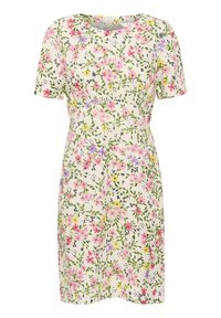 Robe fleurie à manches courtes, avec un fond crème clair, des fleurs multicolores en rose, violet, jaune et vert, et un décolleté rond.