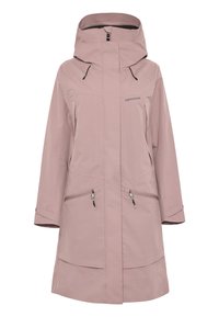 Chaqueta impermeable rosa claro con capucha, dos bolsillos con cremallera, puños ajustables y un diseño limpio y minimalista. Cuenta con el logo de la marca.