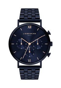 Marinechronograph-Uhr mit einem strukturierten Edelstahlarmband, ausgestattet mit einem dunklen Zifferblatt, goldenen Akzenten und drei Zusatzanzeigen für Zeitfunktionen.