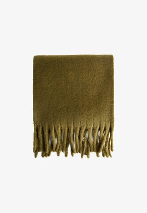 Olivno zelena volnena ruta, pravokotne oblike, z mehkim teksturo in resicami na robovih za dodaten detajl.