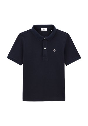 Polo-shirt bleu marine en tissu texturé, avec un col classique et une patte de boutonnage à trois boutons, arborant un petit logo sur la poitrine.