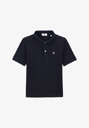 Polo-shirt bleu marine en tissu texturé, avec un col classique et une patte de boutonnage à trois boutons, arborant un petit logo sur la poitrine.