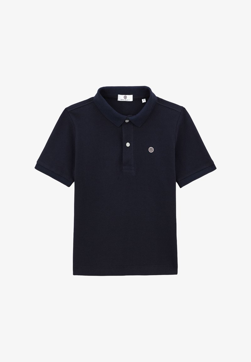 Polo-shirt bleu marine en tissu texturé, avec un col classique et une patte de boutonnage à trois boutons, arborant un petit logo sur la poitrine.