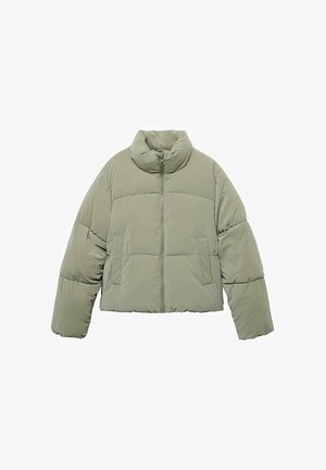 Helle grüne gepolsterte Jacke mit hohem Kragen, durchgehendem Reißverschluss und zwei seitlichen Taschen; verfügt über gesteppten Abschnitte zur Isolierung.