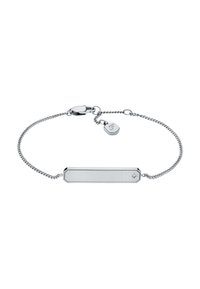 Braccialetto in argento delicato con piastra rettangolare vuota e piccolo dettaglio a forma di stella vicino a un'estremità, chiusura a moschettone.
