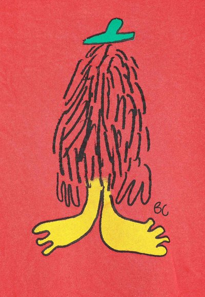 Dessin abstrait d'une figure avec un chapeau vert, des lignes ondulées noires pour le corps et de grands pieds jaunes sur un fond rouge.