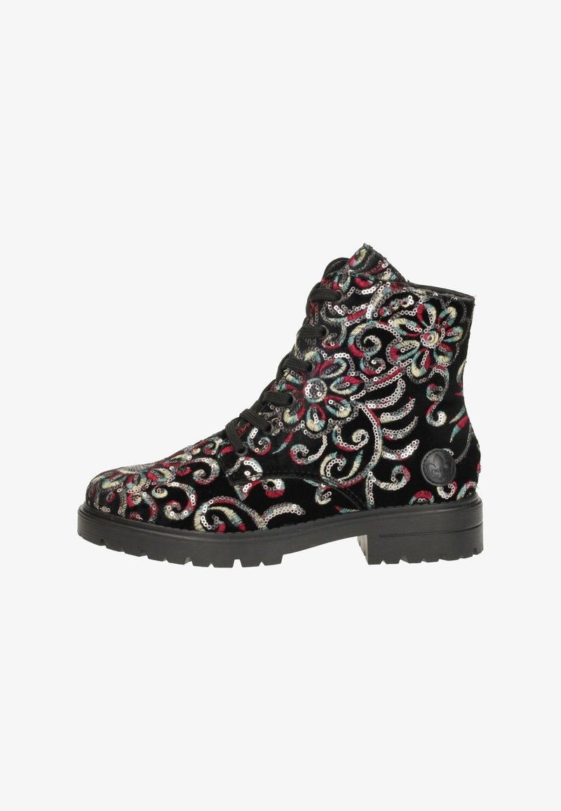 Bottines en velours noir avec broderies florales colorées, sequins, lacets et semelle en caoutchouc épaisse pour plus d'adhérence et de durabilité.