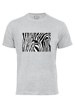 Grey cotton T-shirt featuring a black and white zebra print design centered on the chest, with smooth texture and crew neckline.
