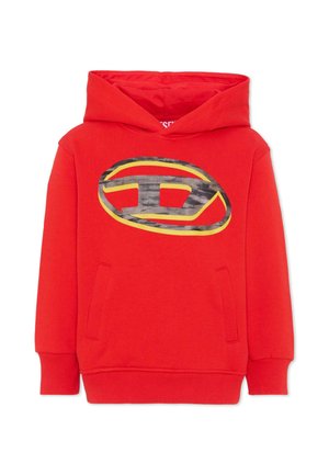 Felpa rossa con cappuccio, tasche frontali e grande logo ovale con design grigio e giallo sul petto.