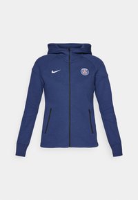 Navyblaue Zip-Hoodie mit einer Kordelzugkapuze, vorn mit Logo, seitlichen Reißverschlusstaschen und strukturierten Ärmeln. Hergestellt aus weichem Stoff.