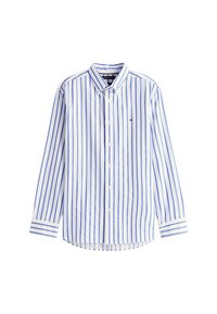 Camicia bianca con righe verticali blu, colletto button-down, bottoni frontali e maniche lunghe con dettagli sui polsini. Tessuto in cotone.