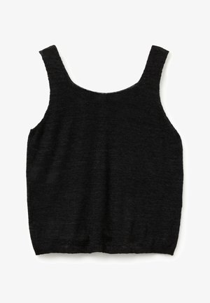 Haut sans manches noir en tissu tricoté texturé. Encolure carrée avec larges bretelles, l'ourlet est légèrement courbé en bas.