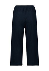 Pantaloni a gamba larga blu navy realizzati in tessuto morbido con una vita elastica e due tasche posteriori. Design semplice; nessun motivo o accento visibile.