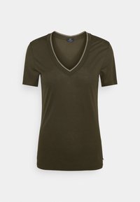 Olivengrøn T-shirt med korte ærmer og V-udskæring. Har kontrasterende lys trim langs den indre halsudskæring. Blødt bomuldsstof.
