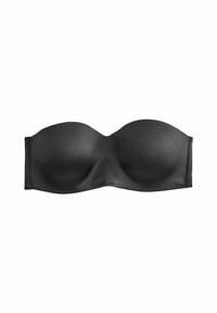 Czarny strapless biustonosz z gładkiego materiału, formowanymi miseczkami i bez ozdób. Prosty design odpowiedni do różnych strojów.