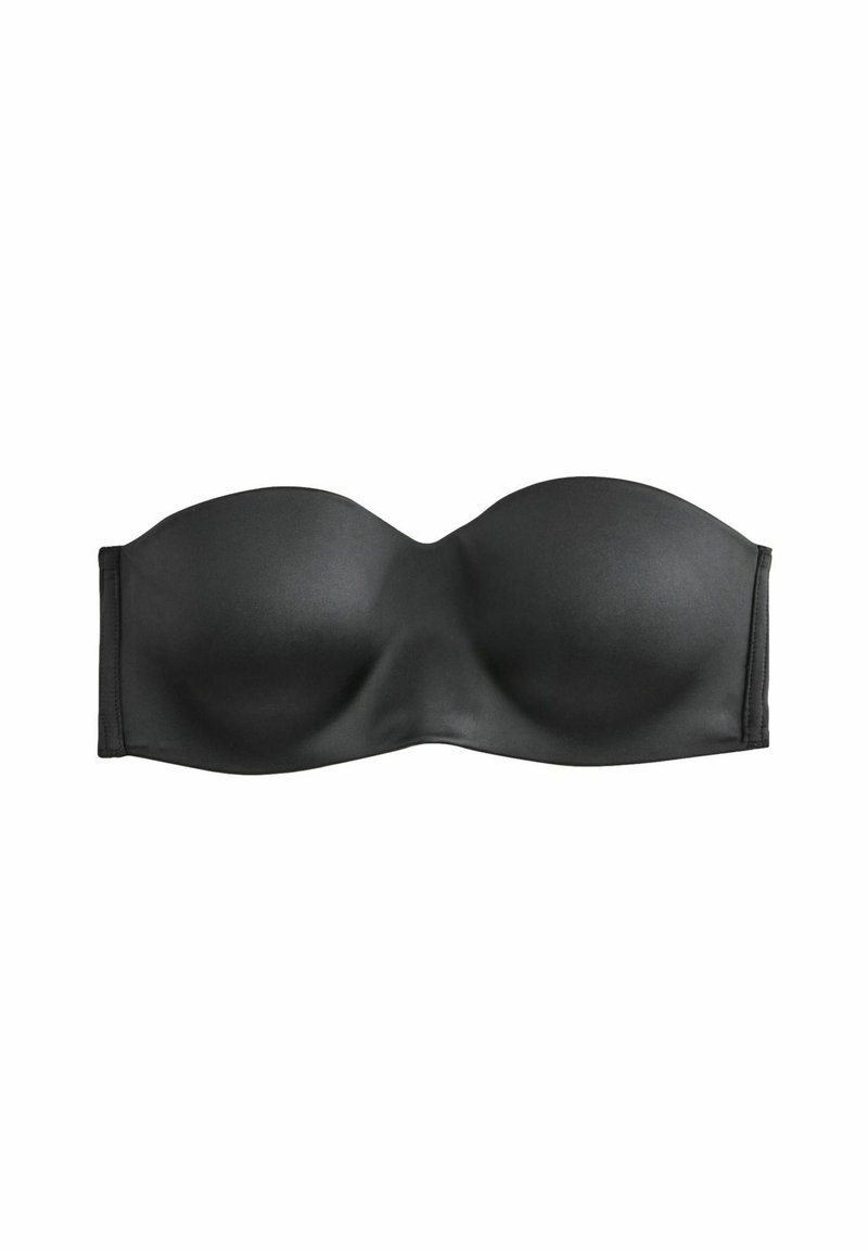 Czarny strapless biustonosz z gładkiego materiału, formowanymi miseczkami i bez ozdób. Prosty design odpowiedni do różnych strojów.