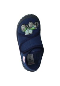 Pantofii pentru copii de culoare albastru marin, cu talpă din cauciuc, prezentând un design brodat cu o tractor verde pe partea superioară și o curea cu arici pentru închidere.