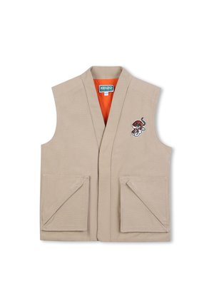 Gilet beige sans manches, col en V profond, deux poches plaquées à l'avant, et un design brodé avec un tigre et des vagues. Doublure intérieure orange.