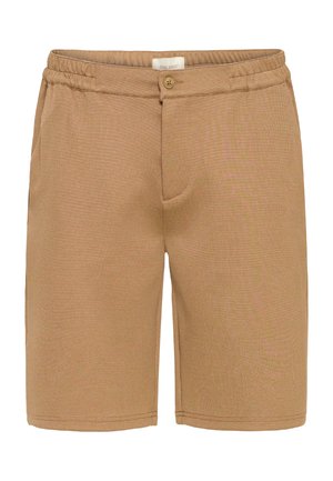 Beežid lühikesed püksid tekstuurse kangaga, millel on nööpidega kinnitamine, elastne vöökoht ja kaks küljetaskut. Klassikaline põlvepikkune disain.