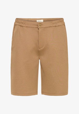 Beežid lühikesed püksid tekstuurse kangaga, millel on nööpidega kinnitamine, elastne vöökoht ja kaks küljetaskut. Klassikaline põlvepikkune disain.