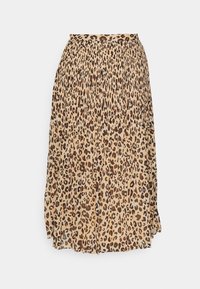 Falda plisada de tela beige con un estampado de leopardo, que presenta manchas marrón oscuro y óxido, con una cinturilla en la parte superior.