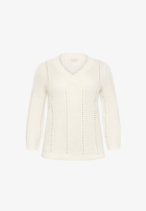 Bela pletena pulover s V-izrezom, ki ima vertikalne črte odprte šive in dolge rokave. Mehka tekstura in sproščen kroj.